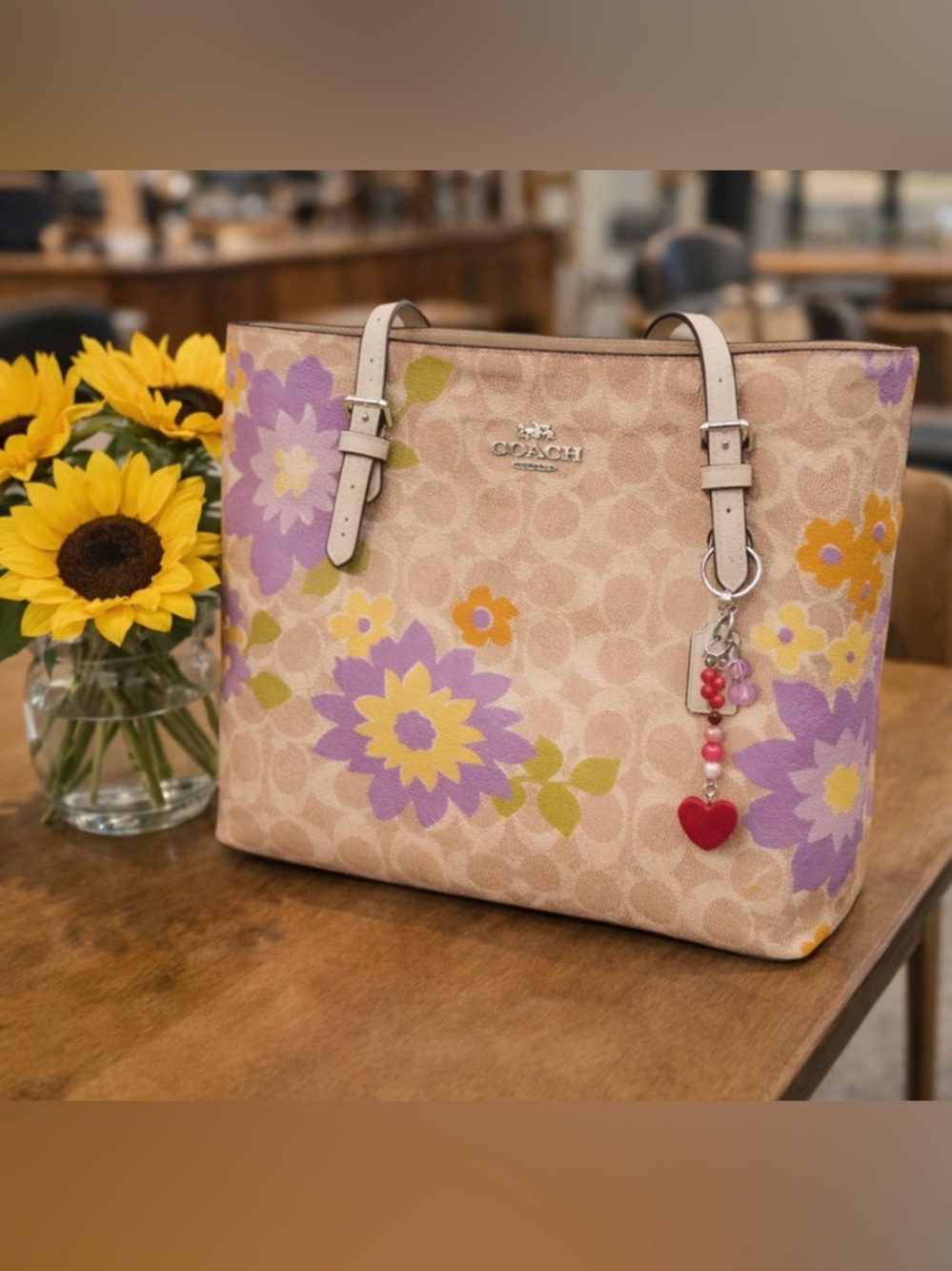 Coach Beige Tote with Purple and Yellow Floral Design - Picture 4 of 14